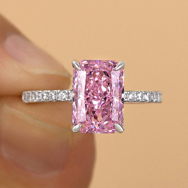 Louily 3.3 Carat Simulated Diamond Pink Stone Radiant Cut Engagement Ring In Sterling Silver
