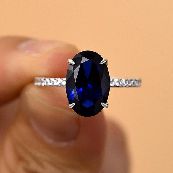 Louily 3.5 Carat Classic Blue Sapphire Oval Cut Simulated Diamond Engagement Ring In White Gold