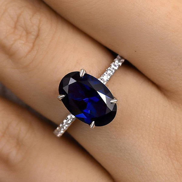 Louily 3.5 Carat Classic Blue Sapphire Oval Cut Simulated Diamond Engagement Ring In White Gold