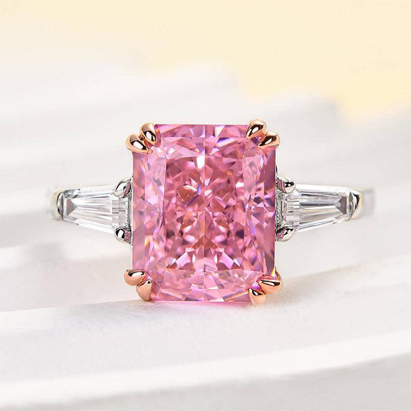 Louily 4.0 Carat Pink Sapphire Radiant Cut Three Stone Engagement Ring In Sterling Silver