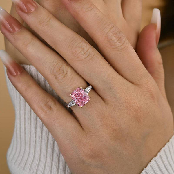 Louily 4.0 Carat Pink Sapphire Radiant Cut Three Stone Engagement Ring In Sterling Silver