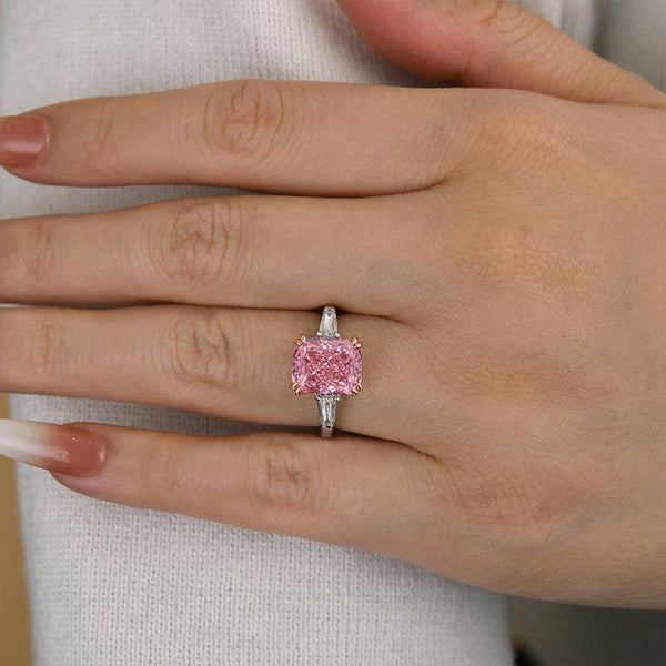 Louily 4.0 Carat Pink Sapphire Radiant Cut Three Stone Engagement Ring In Sterling Silver