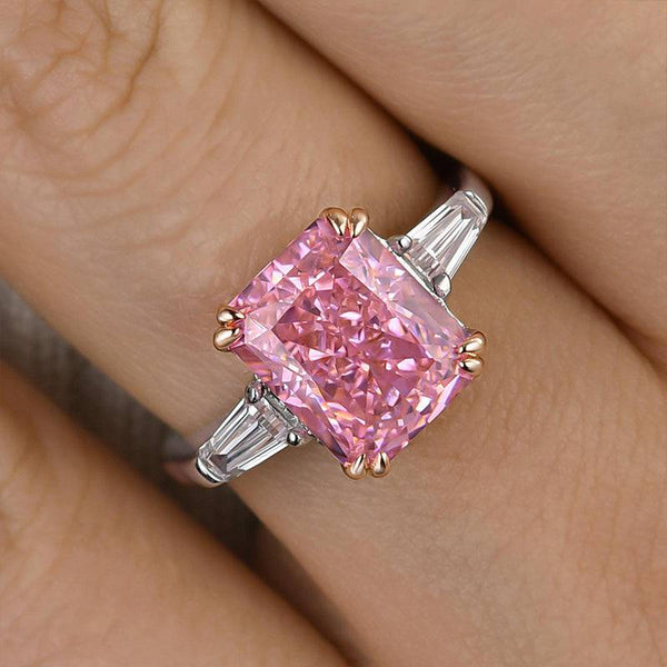 Louily 4.0 Carat Pink Sapphire Radiant Cut Three Stone Engagement Ring In Sterling Silver