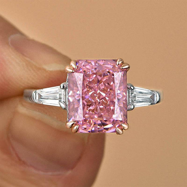 Louily 4.0 Carat Pink Sapphire Radiant Cut Three Stone Engagement Ring In Sterling Silver