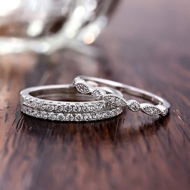 Louily Art Deco Half Eternity Stackable 3-Pieces Wedding Band Set In Sterling Silver - louilyjewelry