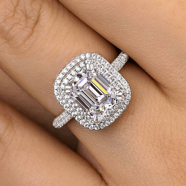 Louily Attractive Double Halo Emerald Cut Engagement Ring