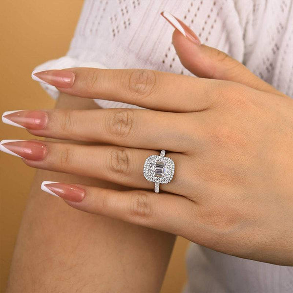 Louily Attractive Double Halo Emerald Cut Engagement Ring