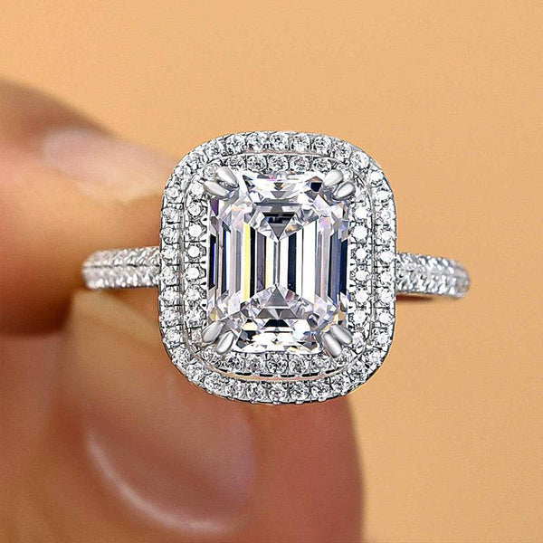 Louily Attractive Double Halo Emerald Cut Engagement Ring