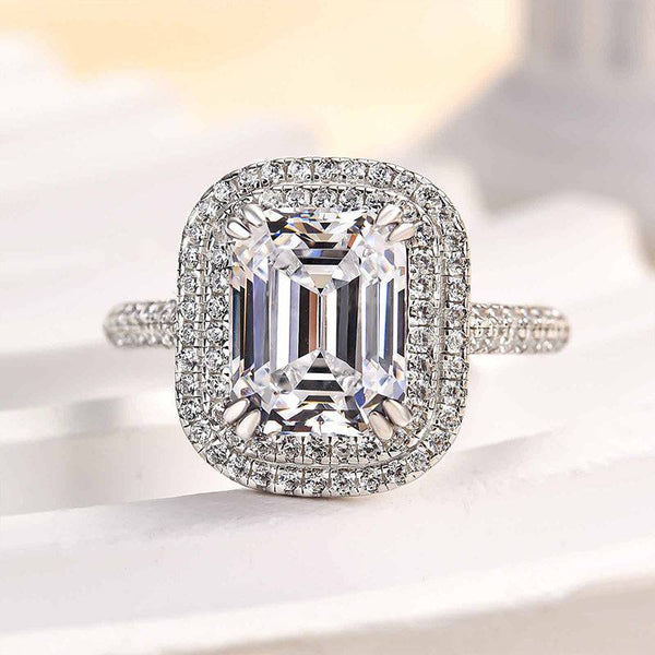 Louily Attractive Double Halo Emerald Cut Engagement Ring