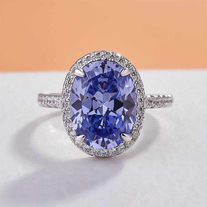 Louily Blue Sapphire Halo Oval Cut Engagement Ring for Women In Sterling Silver - louilyjewelry