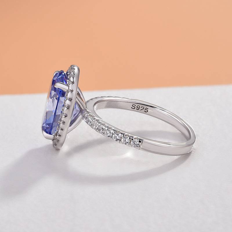 Louily Blue Sapphire Halo Oval Cut Engagement Ring for Women In Sterling Silver - louilyjewelry