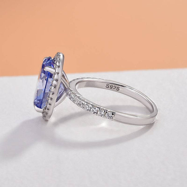 Louily Blue Sapphire Halo Oval Cut Engagement Ring for Women In Sterling Silver