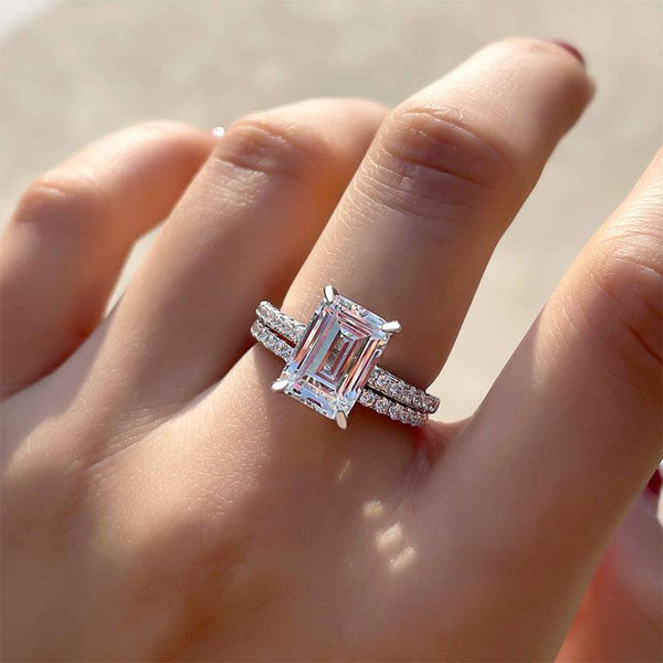 Louily Classic Emerald Cut Wedding Ring Set In Sterling Silver