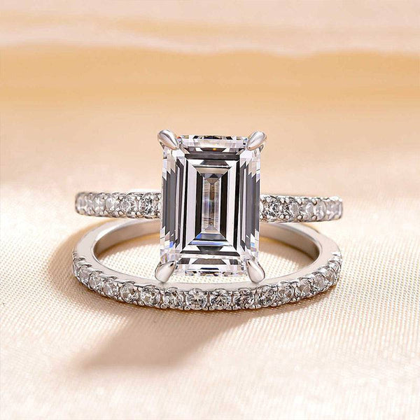 Louily Classic Emerald Cut Wedding Ring Set In Sterling Silver