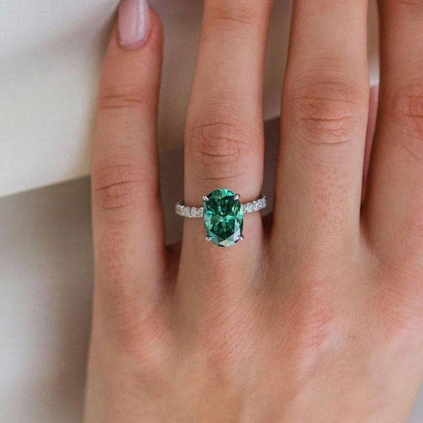 Louily Classic Oval Cut Emerald Green Simulated Diamond Engagement Ring In Sterling Silver