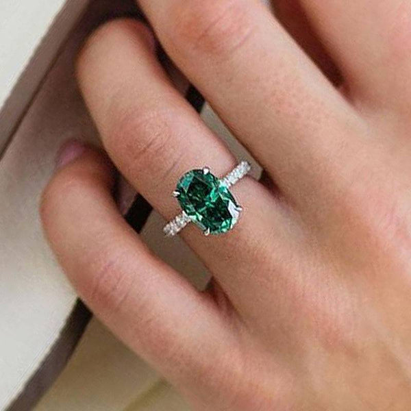 Louily Classic Oval Cut Emerald Green Simulated Diamond Engagement Ring In Sterling Silver
