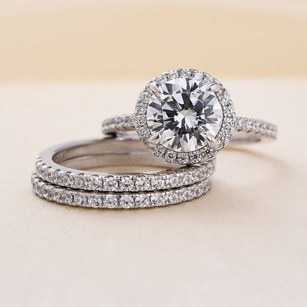 Louily Classic Round Cut Halo 3-Pieces Wedding Set In Sterling Silver