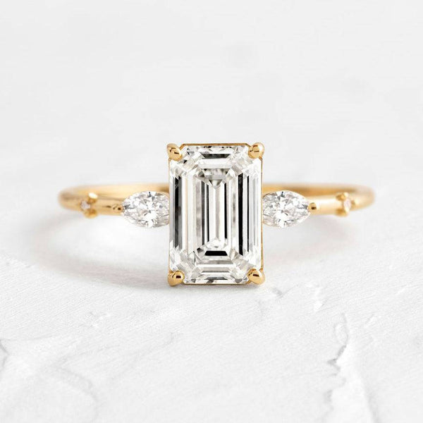 Louily Classic Yellow Gold Emerald Cut Three Stone Engagement Ring In Sterling Silver