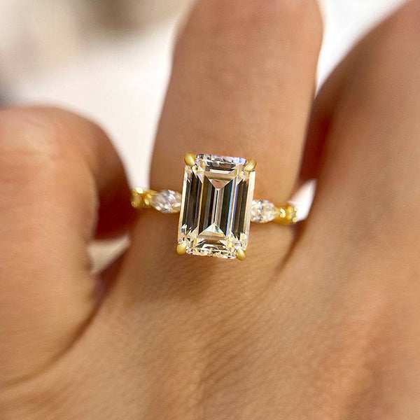 Louily Classic Yellow Gold Emerald Cut Three Stone Engagement Ring In Sterling Silver