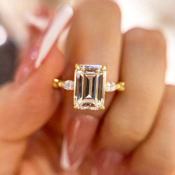 Louily Classic Yellow Gold Emerald Cut Three Stone Engagement Ring In Sterling Silver