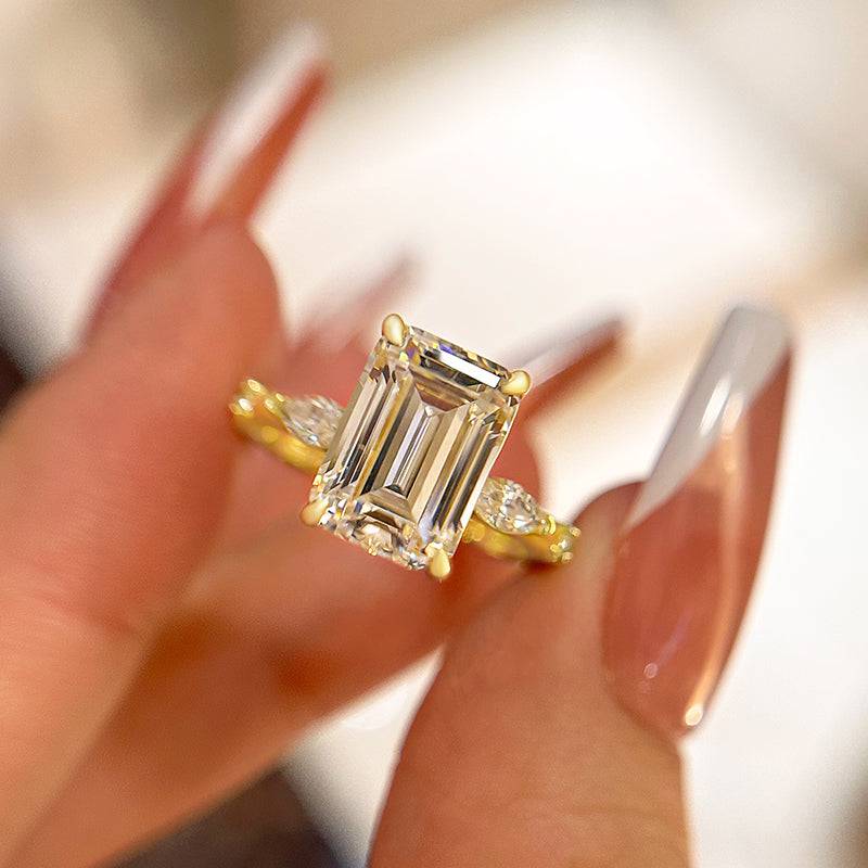 Louily Classic Yellow Gold Emerald Cut Three Stone Engagement Ring In Sterling Silver - louilyjewelry