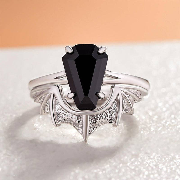 Louily Dark Split Shank Bats Design Coffin Cut Wedding Ring Set