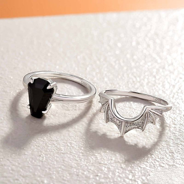 Louily Dark Split Shank Bats Design Coffin Cut Wedding Ring Set