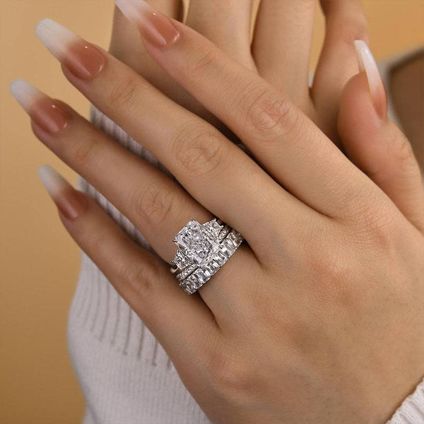 Louily Desirable Three Stone Radiant Cut 3PC Wedding Ring Set