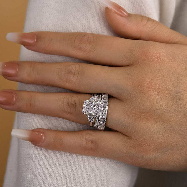 Louily Desirable Three Stone Radiant Cut 3PC Wedding Ring Set