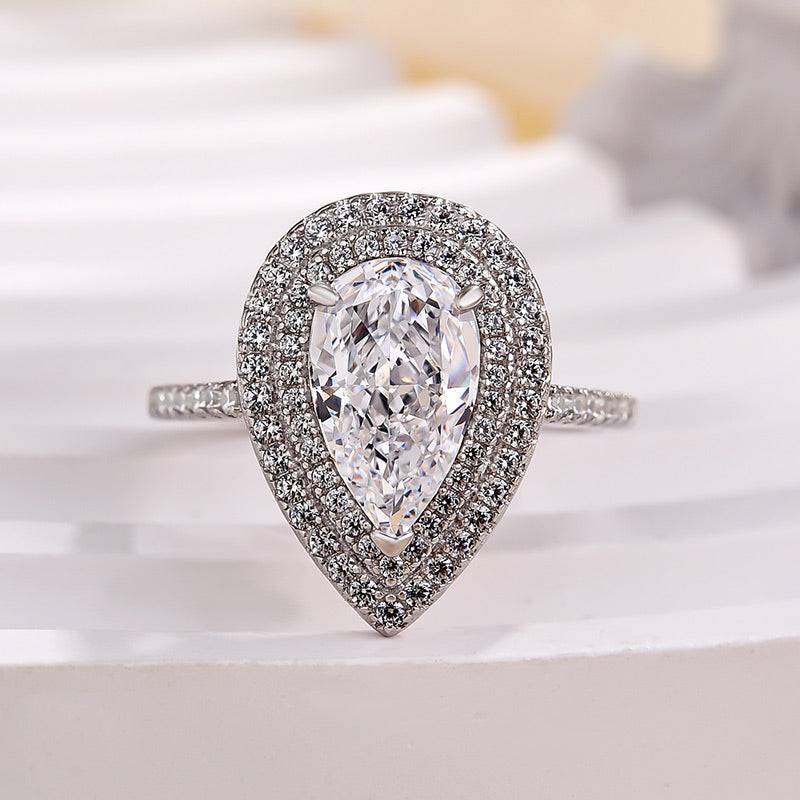 Louily Double Halo Pear Cut Engagement Ring In Sterling Silver - louilyjewelry
