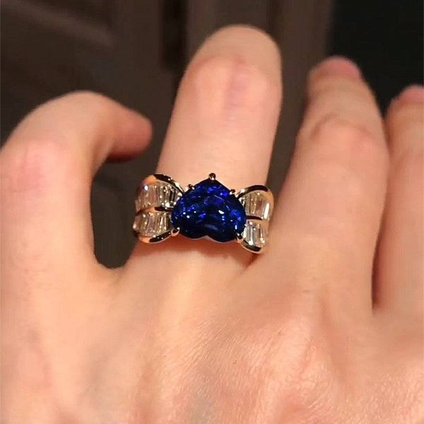 Louily Elegant Blue Sapphire Heart Cut Engagement Ring