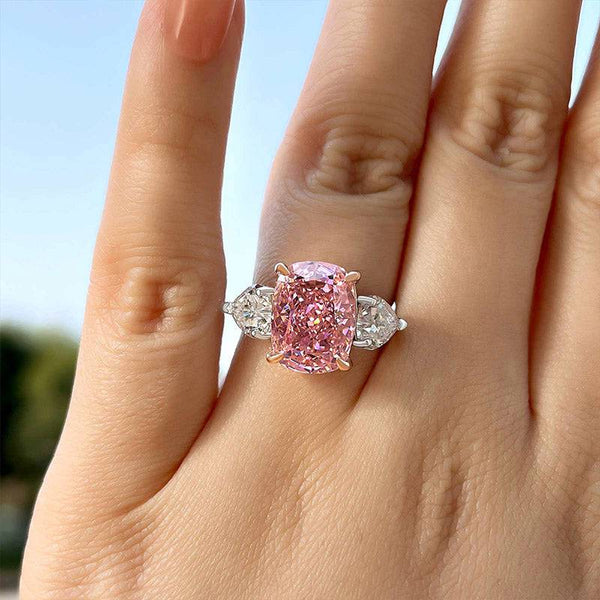 Louily Elegant Cushion Cut Three Stone Pink Sapphire Engagement Ring In Sterling Silver