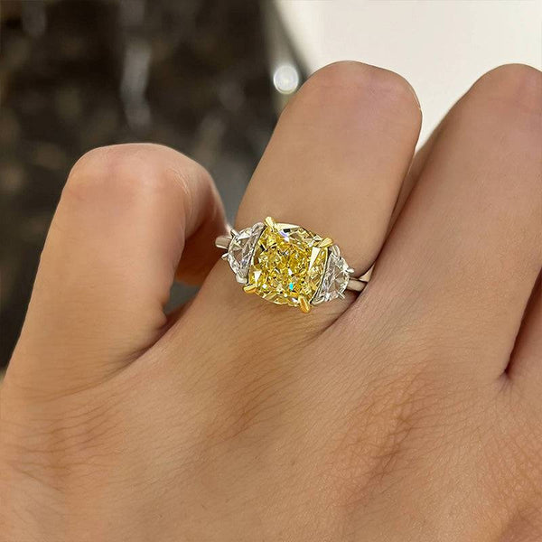 Louily Elegant Cushion Cut Three Stone Yellow Sapphire Engagement Ring In Sterling Silver