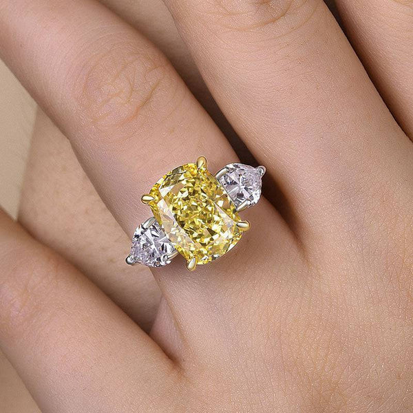 Louily Elegant Cushion Cut Three Stone Yellow Sapphire Engagement Ring In Sterling Silver
