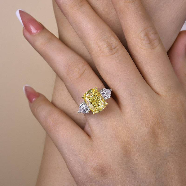 Louily Elegant Cushion Cut Three Stone Yellow Sapphire Engagement Ring In Sterling Silver