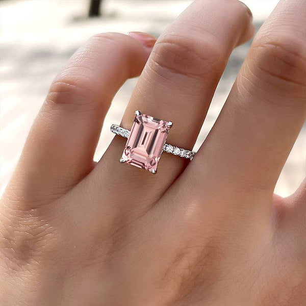 Louily Elegant Emerald Cut Morganite Pink Women's Engagement Ring In Sterling Silver