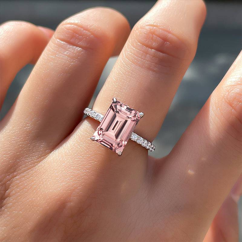 Louily Elegant Emerald Cut Morganite Pink Women's Engagement Ring In Sterling Silver - louilyjewelry