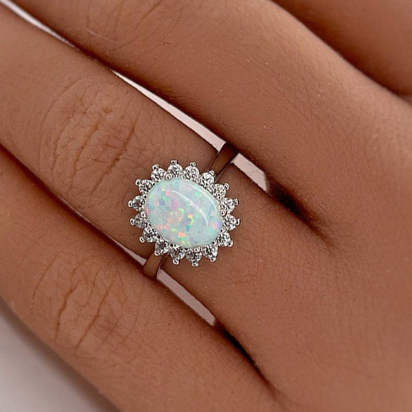 Louily Elegant Halo Oval Cut Opal Stone Engagement Ring In Sterling Silver