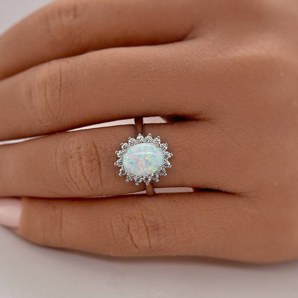 Louily Elegant Halo Oval Cut Opal Stone Engagement Ring In Sterling Silver