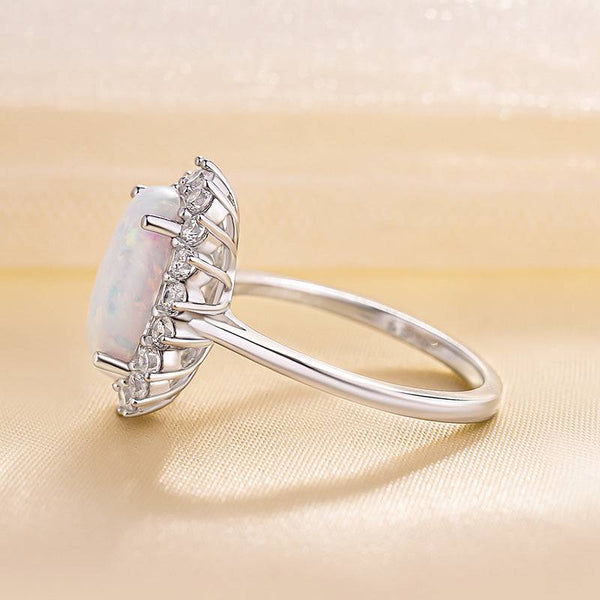 Louily Elegant Halo Oval Cut Opal Stone Engagement Ring In Sterling Silver