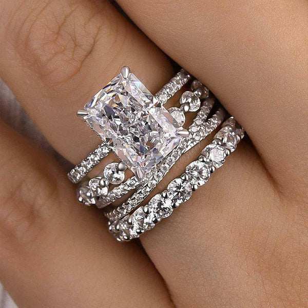 Louily Excellent Crushed Ice Radiant Cut 4PC Wedding Ring Set