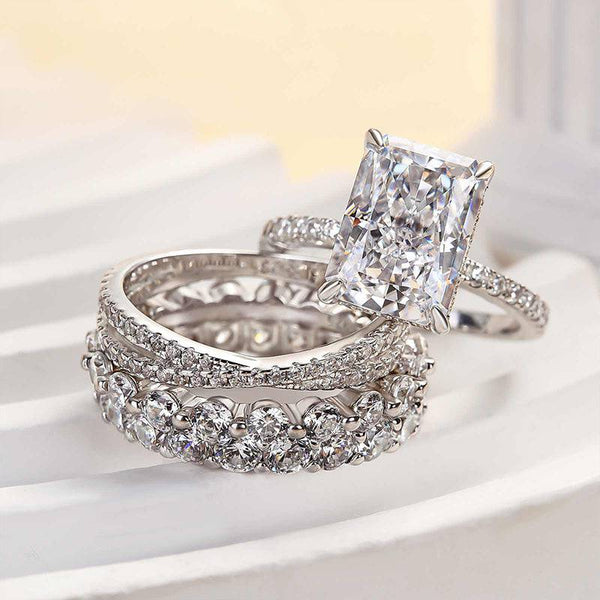 Louily Excellent Crushed Ice Radiant Cut 4PC Wedding Ring Set