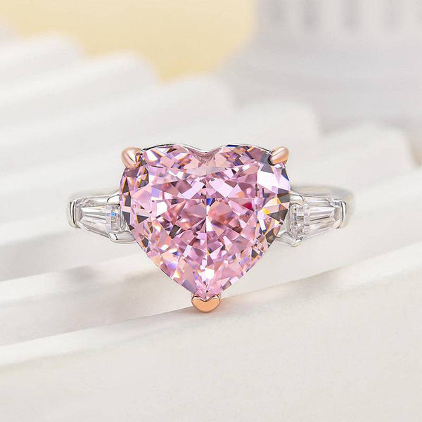 Louily Excellent Three Stone Pink Stone Heart Cut Engagement Ring