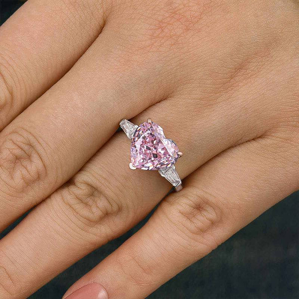 Louily Excellent Three Stone Pink Stone Heart Cut Engagement Ring