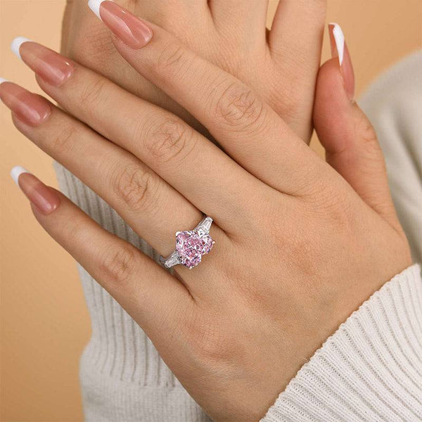 Louily Excellent Three Stone Pink Stone Heart Cut Engagement Ring