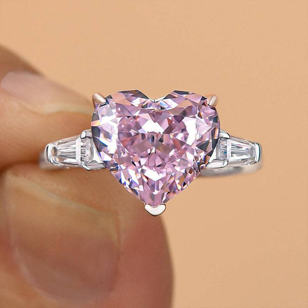 Louily Excellent Three Stone Pink Stone Heart Cut Engagement Ring