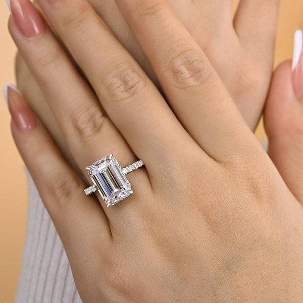 Louily Exclusive Elongated Emerald Cut Engagement Ring In Sterling Silver