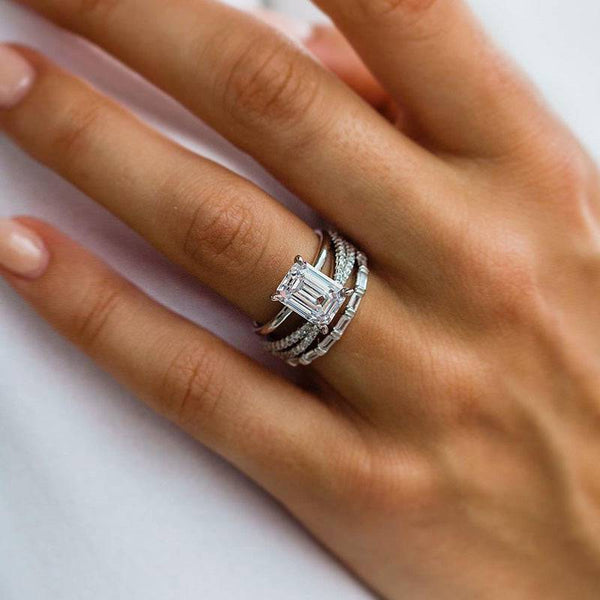 Louily Exclusive Emerald Cut 3PC Wedding Set In Sterling Silver