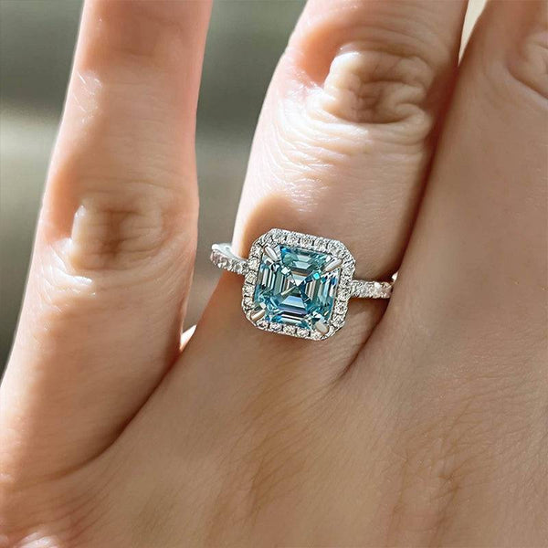 Louily Exclusive Halo Asscher Cut Light Aquamarine Blue Engagement Ring In Sterling Silver