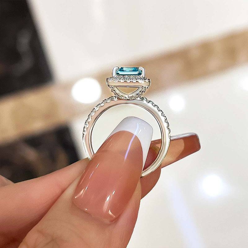 Louily Exclusive Halo Asscher Cut Light Aquamarine Blue Engagement Ring In Sterling Silver - louilyjewelry